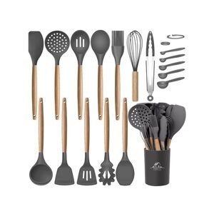 17 Pcs Silicone Cooking Kitchen Utensils Set with Holder,‎ Wooden Handle (Grey)